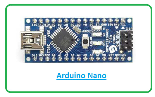 Classic blue Arduino Nano microcontroller board, top view