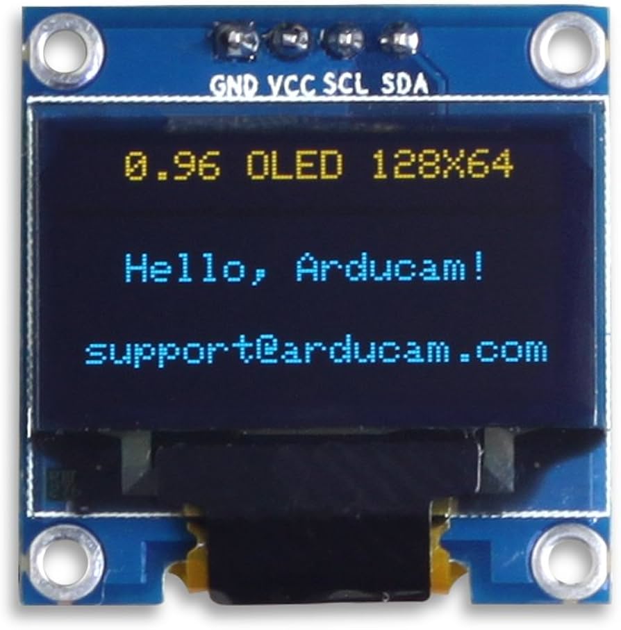 Blue 128 by 64 pixel I2C OLED display module with four header pins